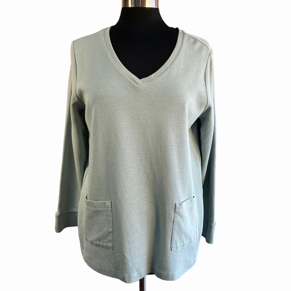 J. Jill Sage Green V-neck Knit Top Front Pockets Casual Coastal Comfy Sz LG